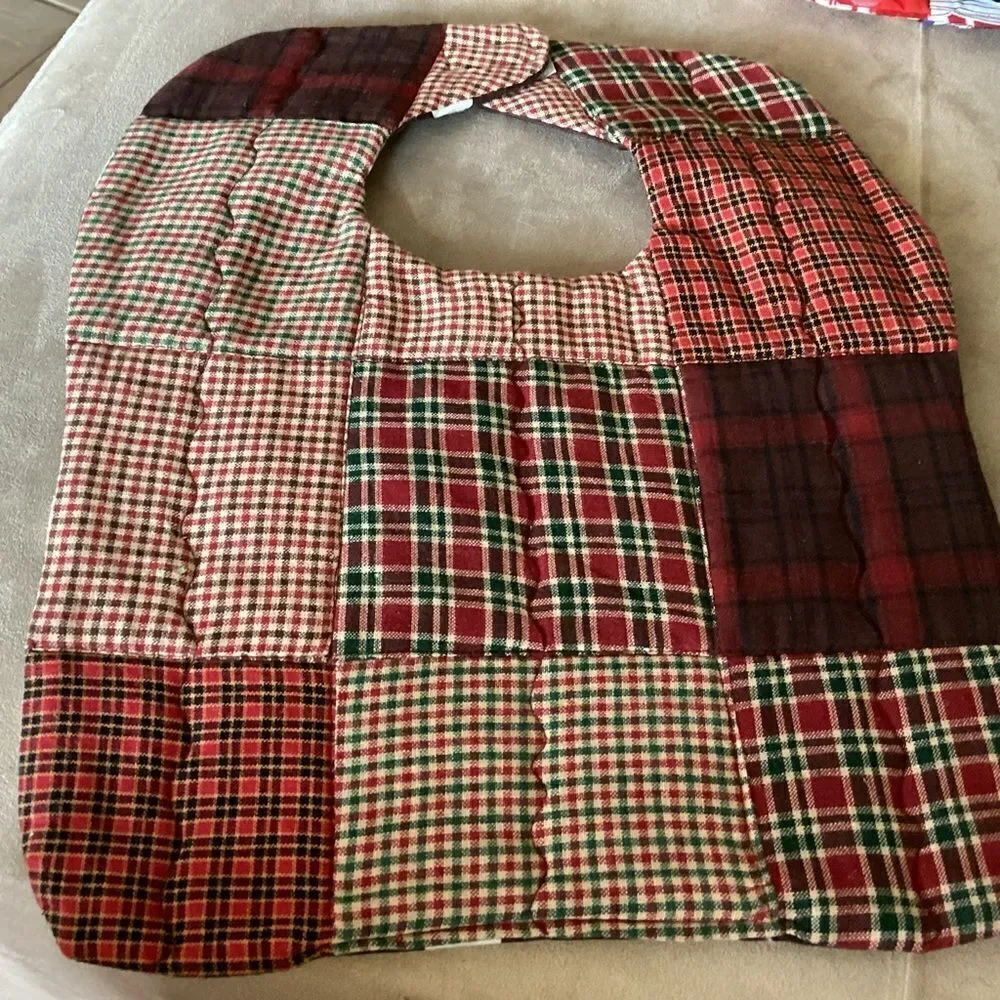 NWT handcrafted, quilted reversible bib in brown green red fabrics